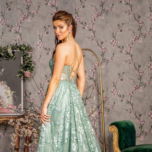 NEW LONG A-LINE SLEEVELESS MESH DRESS WITH LACE UP BACK & SWEETHEART NECK GL3254 - Picture 8 of 12